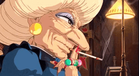 an old lady smoking a cigarette in front of a lamp