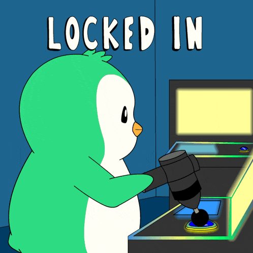 a cartoon of a penguin playing an arcade game with the words locked in behind him