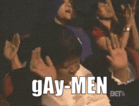 a group of people raising their hands in the air with the words gay-men written on the bottom