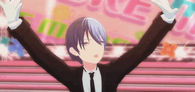 a cartoon character in a suit and tie with his arms outstretched in front of a sign that says love