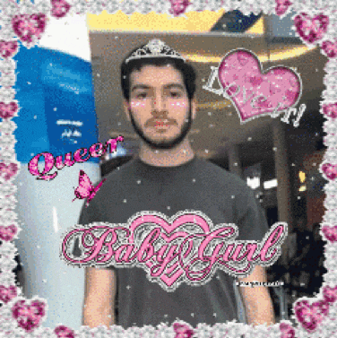 a man wearing a tiara is surrounded by pink hearts and the word baby girl