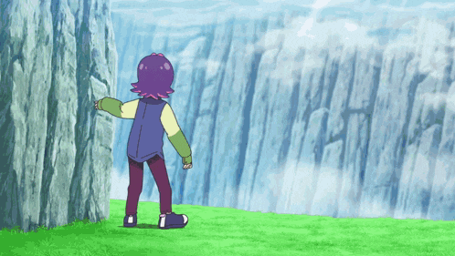 a cartoon character with purple hair is standing next to a rock