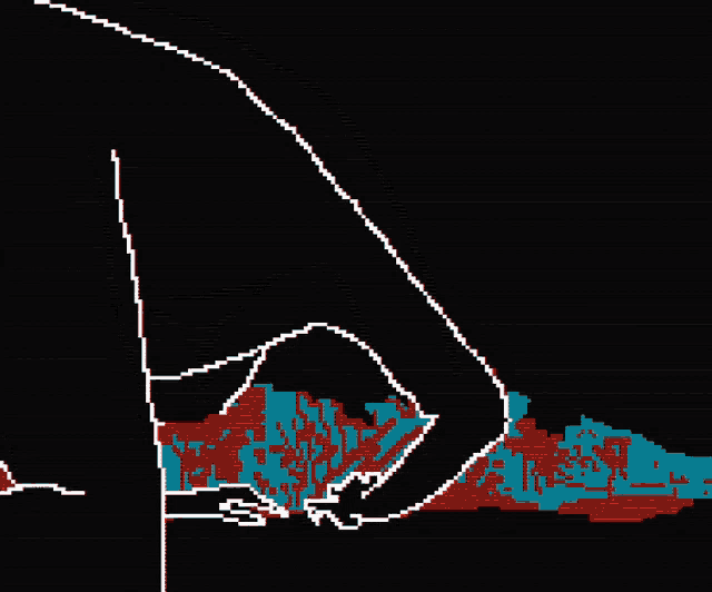 a pixel art drawing of a person with red and blue lines