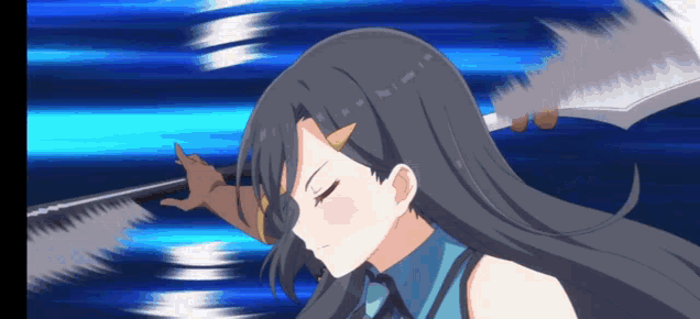 a girl with long hair is holding a sword