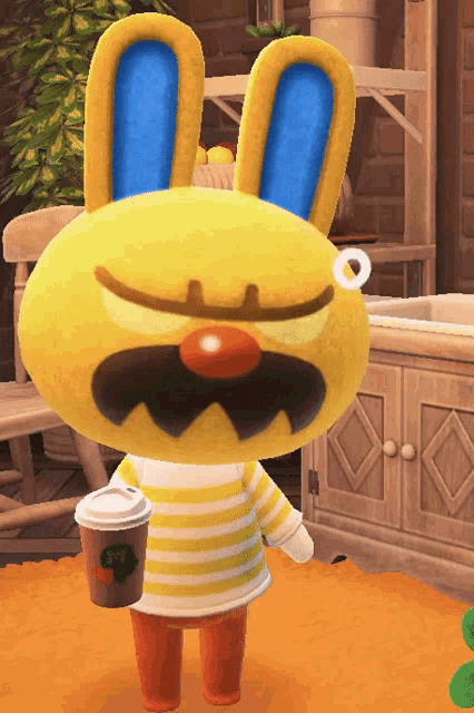 a yellow stuffed animal with a mustache is holding a cup