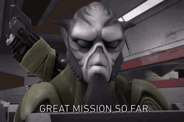 a cartoon character holding a gun with the words great mission so far below him