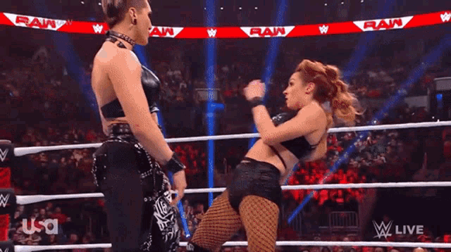 two wrestlers are in a wrestling ring with a referee and the words usa on the bottom