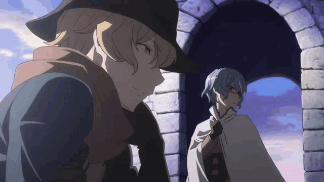 two anime characters are standing next to each other