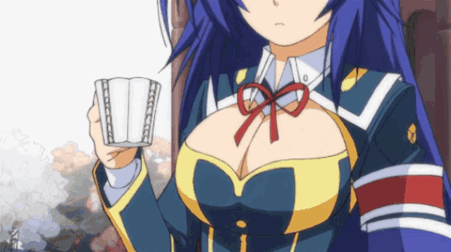 a blue haired anime girl is holding a book in her hand