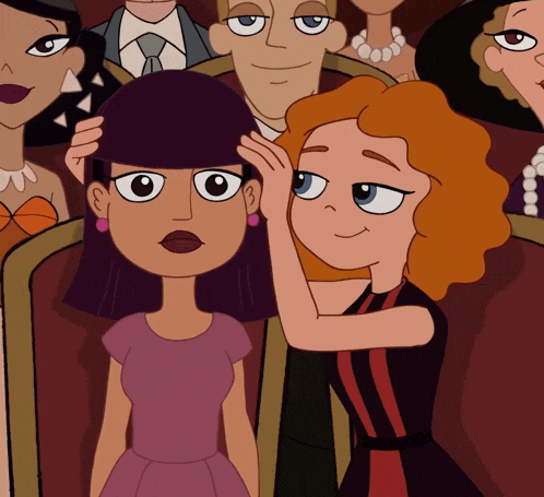 a cartoon of a woman touching another woman 's forehead