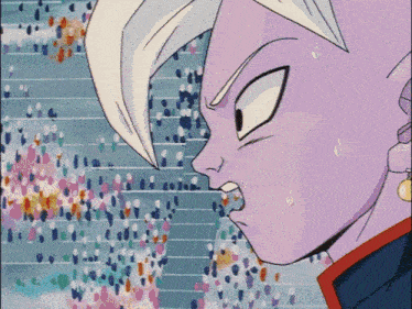 a close up of a cartoon character 's face with a crowd of people in the background