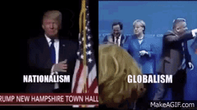 a picture of donald trump standing next to an american flag