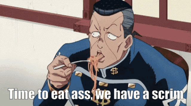 a cartoon character eating spaghetti with the words time to eat ass we have a scrim