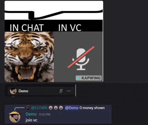 a picture of a tiger with the words in chat in vc on it