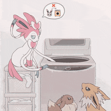 a cartoon drawing of a washing machine with a rabbit in a speech bubble above it