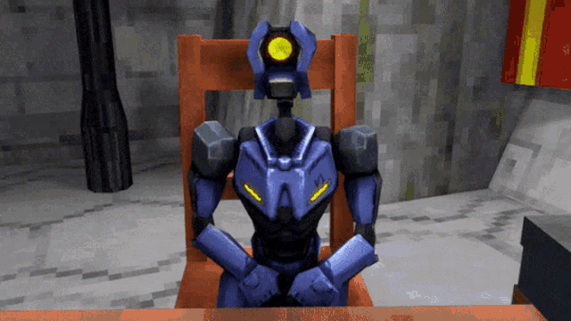 a blue robot sitting in a chair with a yellow eye
