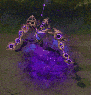 a video game character is surrounded by purple smoke and glowing lights