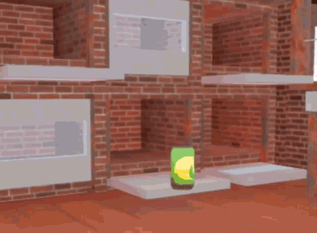 a girl is standing in front of a brick wall with a green box with a lemon on it