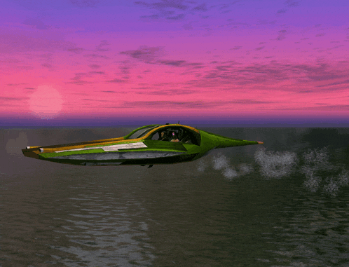 a green jet is flying over a body of water at sunset