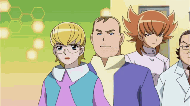 a group of cartoon characters are standing together