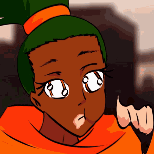 a cartoon drawing of a woman with green hair