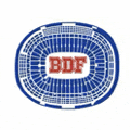 a blue and white oval with the word bdf on it