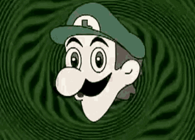 a cartoon of a man wearing a green hat and smiling is surrounded by a green spiral .