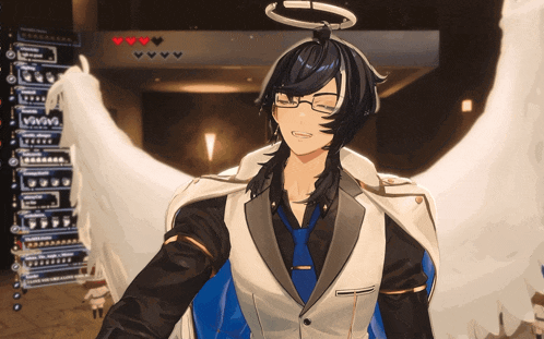 a man with angel wings and a halo around his head is smiling