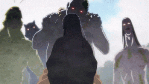 a group of monsters are standing around a woman in a black robe