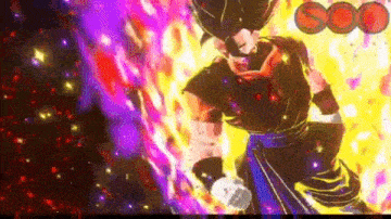 a cartoon character is standing in front of a purple and yellow background with a fireball coming out of his chest .