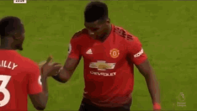 two soccer players are shaking hands on the field during a match .