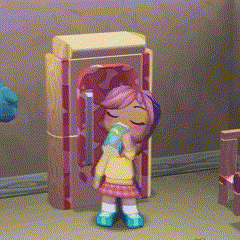 a little girl with pink hair is drinking from a cup