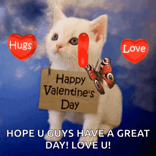 a kitten is holding a sign that says happy valentines day