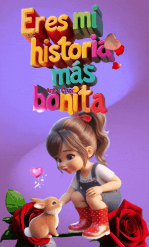 an animated picture of a little girl petting a rabbit with the words eres mi historia mas bonita above her