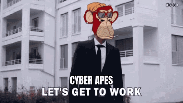a man in a suit and tie with a monkey mask on his head says cyber apes let 's get to work