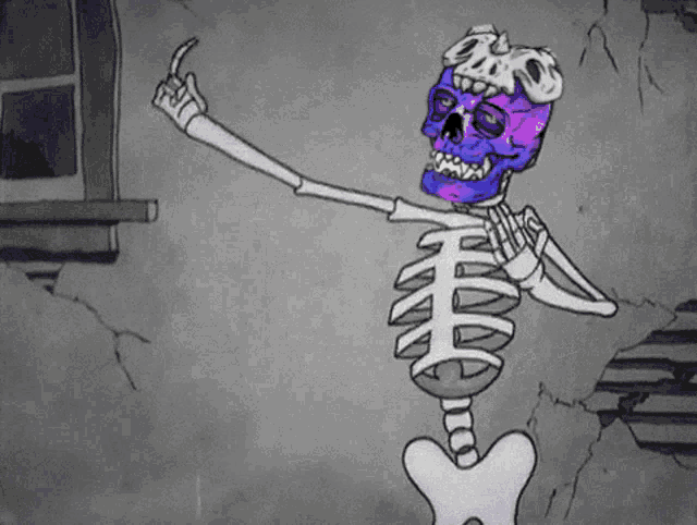 a cartoon drawing of a skeleton with a purple skull on his head giving the middle finger