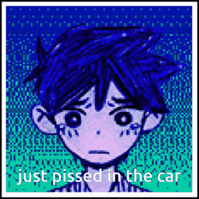 a pixel art of a boy with the words just pissed in the car underneath him