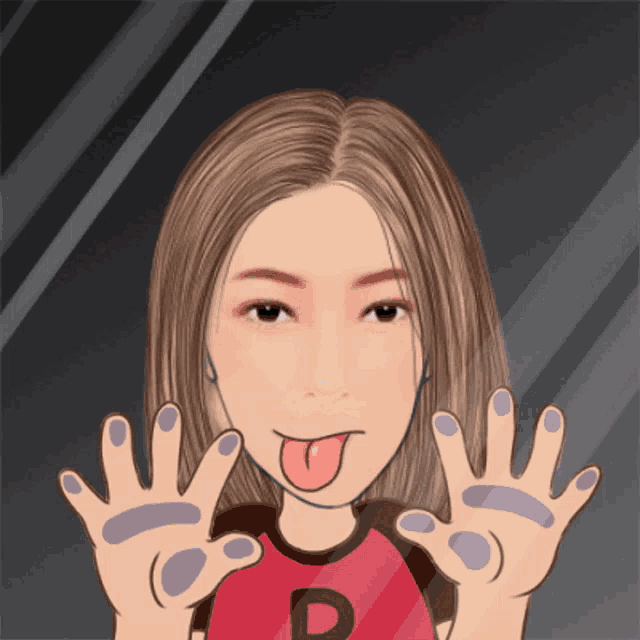 a cartoon of a woman sticking her tongue out and wearing a red shirt with the letter p on it