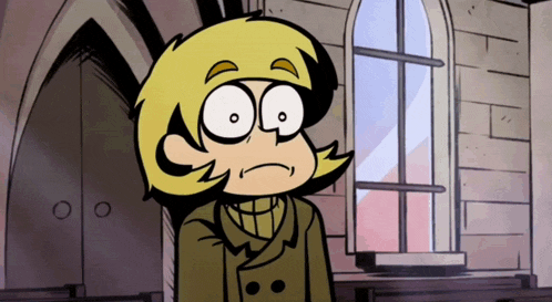 a cartoon character is standing in front of a window with a surprised look on his face