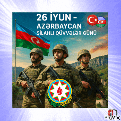a picture of three soldiers with the words 26 iyun - azerbaijan written on it