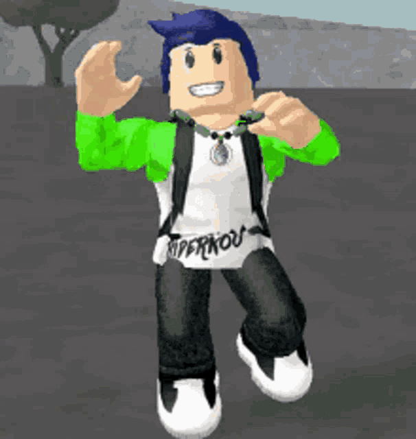 a roblox character is wearing a green and white shirt with the word perkou on it .