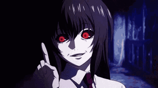 a girl with red eyes and black hair is giving a peace sign .