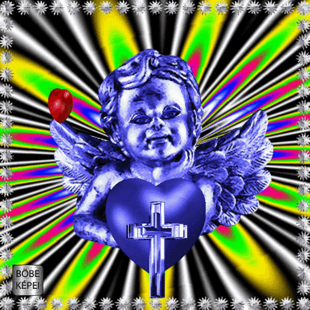 a statue of a cherub holding a blue heart with a cross in it