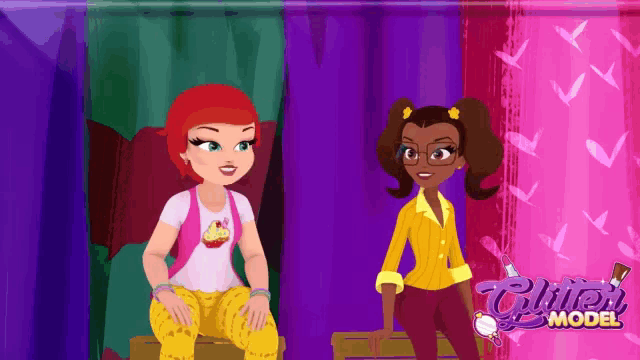 two cartoon girls are sitting next to each other and the word glitter model is on the bottom right