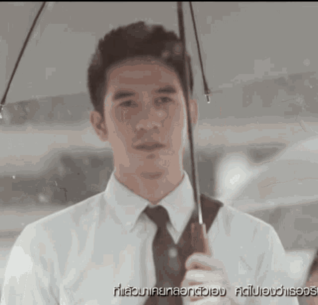 a man in a white shirt and tie holds an umbrella