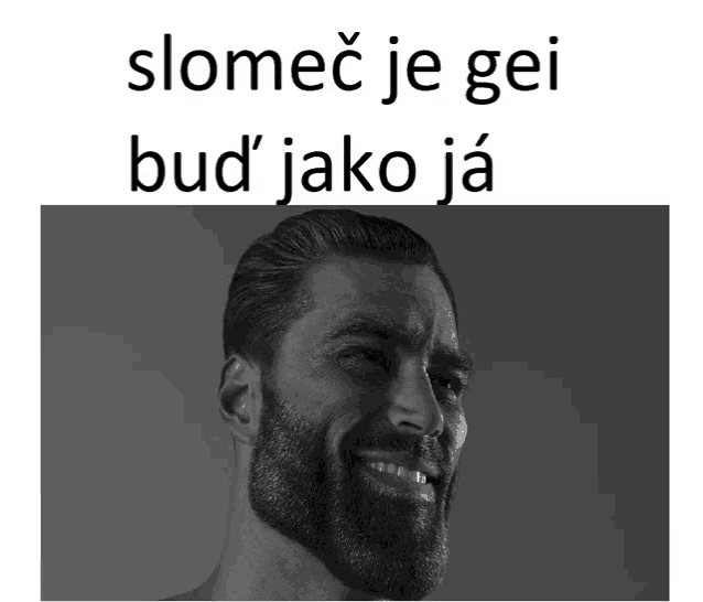 a man with a beard is smiling in a black and white photo with the words slomech je gei bud jako ja