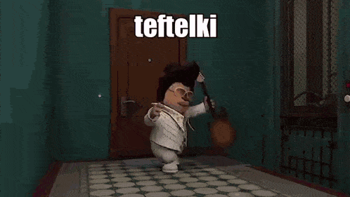 a cartoon character is dancing on a stage and the words teftelki are above him