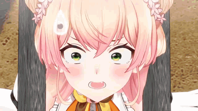 a close up of a girl with pink hair and green eyes making a funny face .