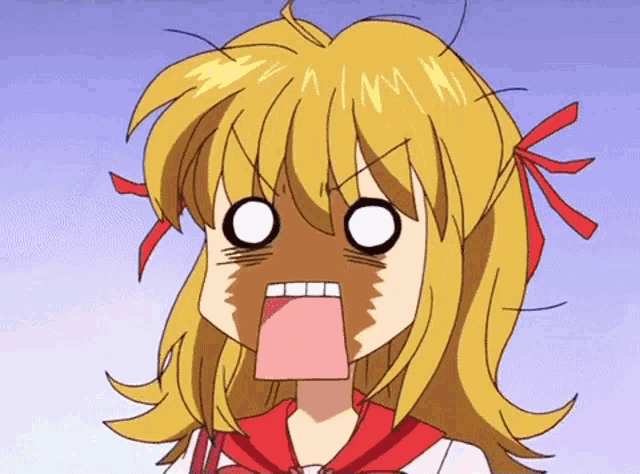 a cartoon girl with blonde hair and red bows making a surprised face