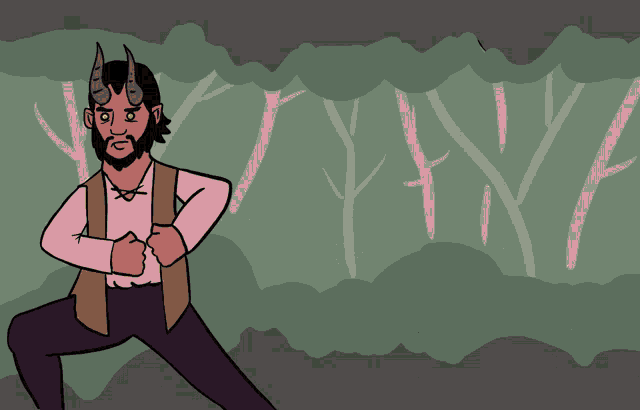 a cartoon of a man with horns and a beard in a forest